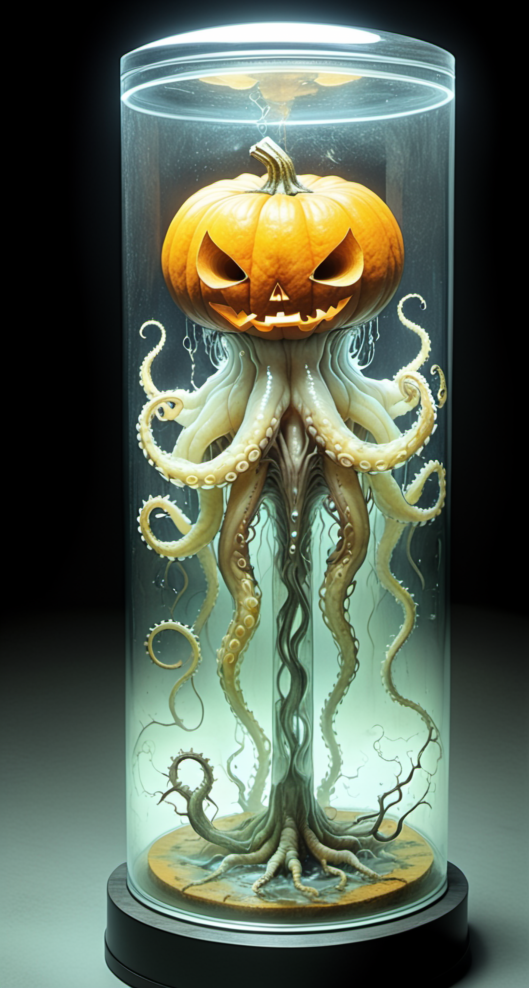 Dutch Renaissance, Early Netherlandish, surrealism, symbolism, fantastical creatures, bizarre juxtapositions, religious iconography, pen and ink, 15th century art, (celestial and infernal visions:1.2),(score: score_8), floating octopus inside laboratory, (science) glass cylinder, (liquid: luminescent, glowing, twirling, inside glass twirls, (color scheme: colorful rainbow, multicolor, ), (background: dark night, (laboratory:1.23), (test tubes:1.14), computer, freezer, hazard suit, (toxicology:1.12),(halloween themed:1.06), (halloween party:1.06),  mesmerizing horrors creature, (halloween pumpkin), eerie, scary, , detailed eerie background, spooky, misty, trending,  dappled shadows, detailed, highres, 8k, <lora:sdxl\add-detail-xl.safetensors:1.04:0.3> <lora:sdxl\incase_style_v3-1_ponyxl_ilff.safetensors:0.88:0.3> <lora:sdxl\Hyper_Realism_Pony_XL.safetensors:0.96:0.25>