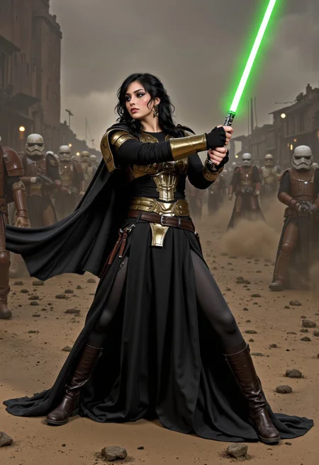 Illustration combining oil-canvas and semi-realistic comic-book style image with a Star Wars theme, star wars style, mythp0rt, Pale skin tone, dynamic, woman. The main subject of the image is a beautiful French woman in her 20s, with an above waist portrait. She is an incredibly beautiful Goth GIrl with very pale skin, with messy black hair, blue eyes, high cheekbones, and full rosy lips. She has supermodel good looks, with a thin waist. Her hair is chin-length, and highly detailed. She has one beauty mark mole beside her mouth. She has smokey eyeshadow. She is wearing a sci-fi bronze raiment of armor including a breastplate. She is wearing long black robes resembling Revan, leather boots, bracers, belt, featuring a long skirt. She is attacking with a single green lightsaber in a glamorous pose, stretching in such a way that it demonstrates sensual physicality, at unique angles. She is standing on a dramatic battlefield, occluded with smoke and dust. Sharp Focus, Volumetric Lighting, Realistic Shading, Octane Render, Realistic, professional, 4k, highly detailed,, portrait photography, capturing emotion, personality, flattering lighting, professional, engaging, compelling composition, play of shadow and light, rays of light, cinematic quality, Beauty