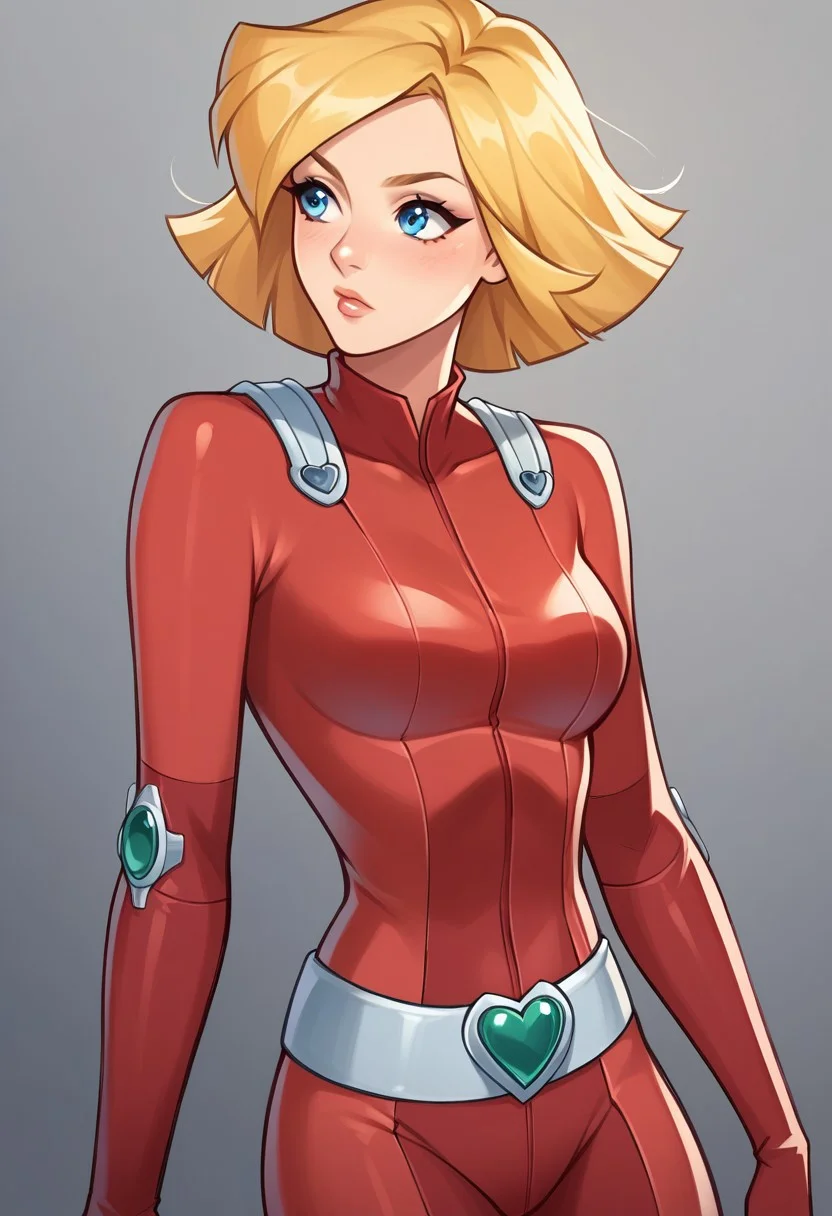 core_9, score_8_up,score_7_up, score_6_up, score_5_up, score_4_up, 1girl, clover \(totally spies\), blonde hair, short hair, blue eyes, red bodysuit, belt,