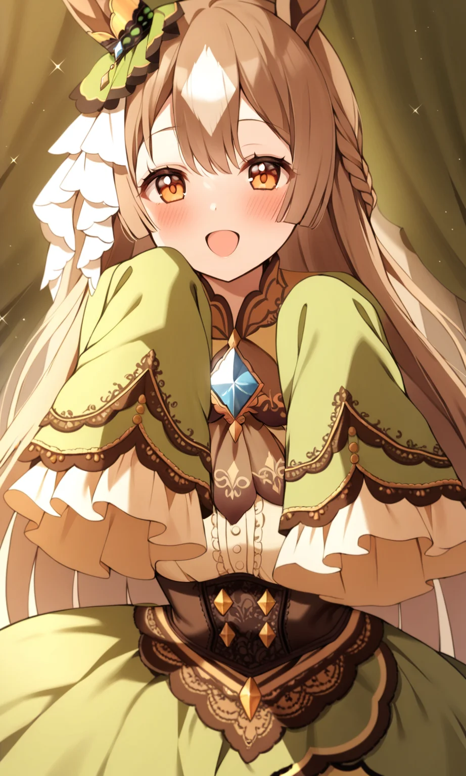1girl, sensitive, satono diamond, umamusume, solo, long hair, looking at viewer, blush, smile, open mouth, brown hair, long sleeves, dress, animal ears, very long hair, brown eyes, braid, sleeves past wrists, horse ears, horse girl, sleeves past fingers, half updo, green dress, ear ornament
