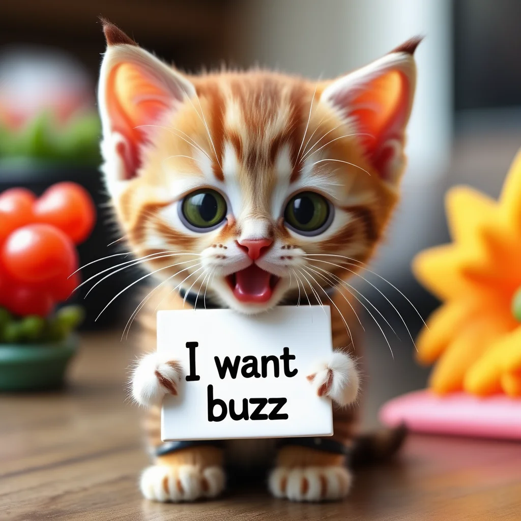 buzz, iconic kitten with a sign with text "i want buzz" <lora:buzz-text:.85>