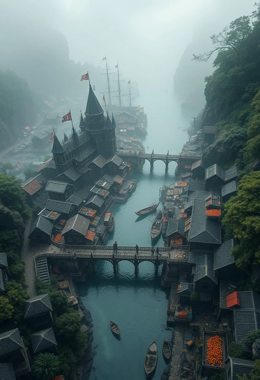 view from above, (accurate architecture, 3 point perspective) (masterpiece hyperrealisitic, medium format camera shot, fantasy concept art 8k, high quality, detailing, textures) Imagine a spooky foggy, perfect fantasy metropolis, by the river and a part of a large fantasy hyperrealisitic bustling marketplace full of fruits and people, port town city nestled between a verdant ancient spooky evil forest, encircled by cliffs and city bridges across the river used for logging, taking it to the perfect pirate ships and the crashing waves of the vast, unexplored ocean.