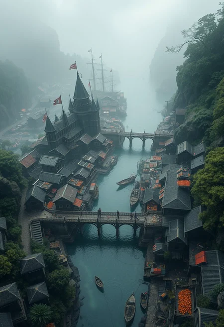 view from above, (accurate architecture, 3 point perspective) (masterpiece hyperrealisitic, medium format camera shot, fantasy concept art 8k, high quality, detailing, textures)  Imagine a spooky foggy, perfect fantasy metropolis,  by the river and a part of a large fantasy hyperrealisitic bustling marketplace full of fruits and people, port town city nestled between a verdant ancient spooky evil forest, encircled by cliffs and city bridges across the river used for logging, taking it to the perfect pirate ships and the crashing waves of the vast, unexplored ocean.