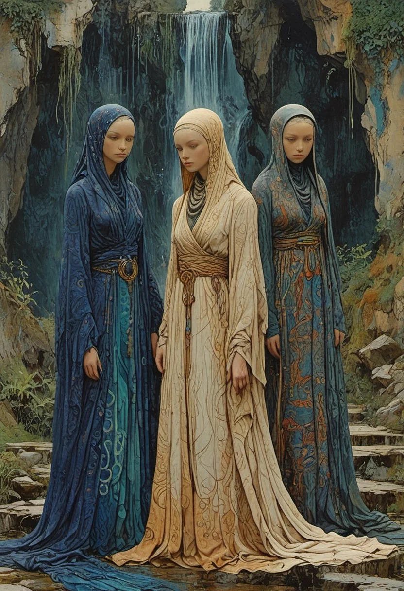 The composition includes 3 women representing the Greek fates in futuristic fashion. The three sisters stand by a waterfall by a lake, most of the picture shows water,  full body wide shot painting oel of teachment, imposing, modern minimalism,  detailed, abstract, trippy, 60s style, op art, dark blues and blacks, patterns, hypnotic, art by careening into peace.