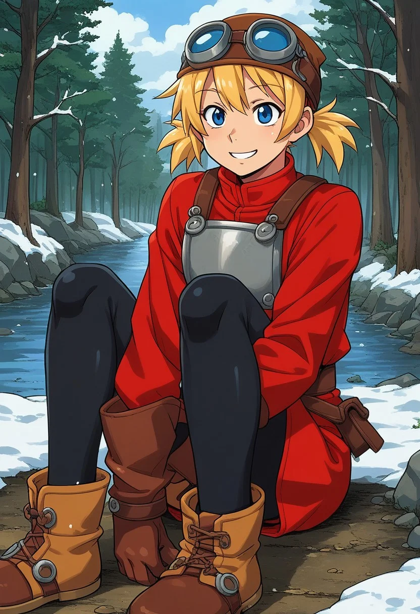 score_9, score_7_up, source_anime, BREAK solo, <lora:Pratty_XL:1> Pratty, blue eyes, short hair, light blonde, short twintails, hair through headwear, goggles, brown headwear, red shirt, short over long sleeves, black long sleeves, red skirt, black pantyhose, leather breastplate, brown footwear, smile, cold forest, taiga, snow,, river, mill