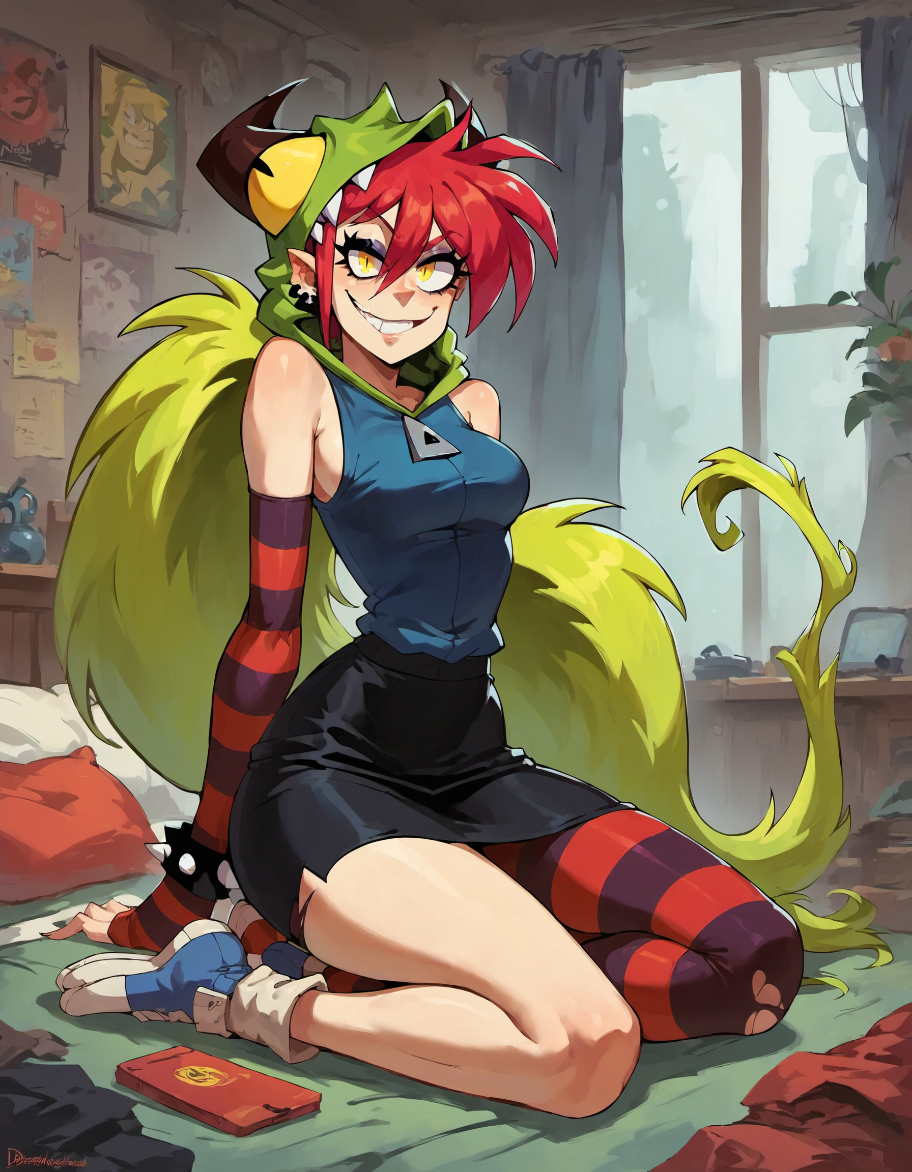 score_8, score_7_up, score_6_up, score_5_up, source_cartoon, 1girl, demencia, indoors, bedroom, red hair, green ponytail, yellow eyes, wide hips, narrow waist, torn pantyhose, dark blue hoodie, sleeveless, green monster hood, black skirt, single striped sleeve, blue sneaker, red sneaker <lora:DemenciaSDXL:0.80>   <lora:Digital Art Style SDXL_LoRA_Pony Diffusion V6 XL:1>