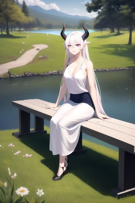 (masterpiece, intricate:1.3), (best quality, hires textures, high detail:1.2), (4k) skinny, fit, fit female, photographic, fine texture, medium breasts, good hands, best hands, detailed eyes, 4k eyes, pink eyes, long hair, white hair, black dragon horns, white dragon tail, long skirt, vneck top, sitting on a bench in a park near a lake