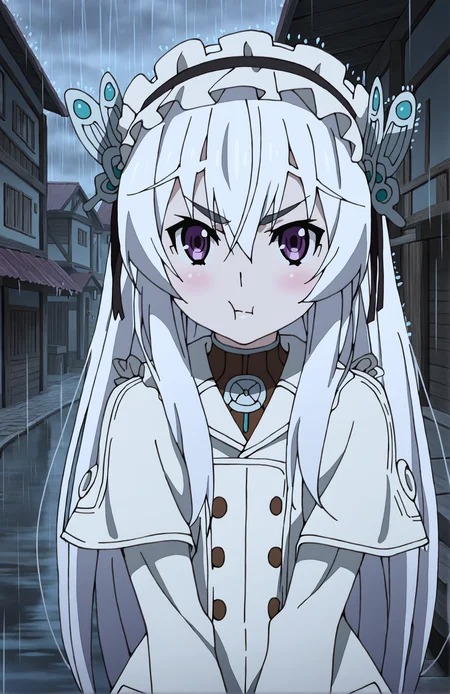 ChaikaTrabant, 1girl, solo, white hair, long hair, purple eyes, butterfly hair ornament, hair ribbon, lolita_hairband, rain, coat, village, :t,