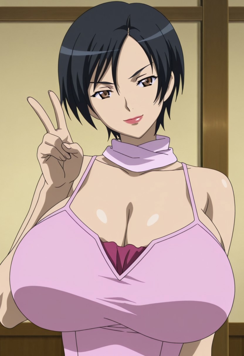 anime screencap,anime coloring,1girl,solo,Saya,black hair,short hair,brown eyes,lipstick,bare shoulders,scarf,formal,pink dress,no wrapper,huge breasts,smile,serious,finger peace,v-shaped eyebrows,half eyes closed,head tilt,indoor,bedroom