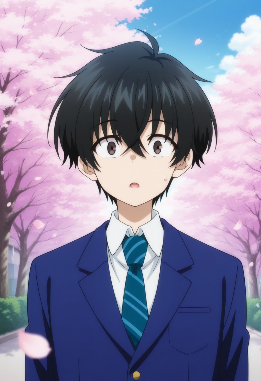 masterpiece,best quality,amazing quality, source_anime, 
KeitaroGentoga, 
1boy, cherry blossoms, male focus, black hair, solo, sky, day, brown eyes, petals, outdoors, looking at viewer, open mouth, blue sky, school uniform, shirt, white shirt, collared shirt, necktie, blue necktie, striped necktie, jacket, blazer, blue jacket