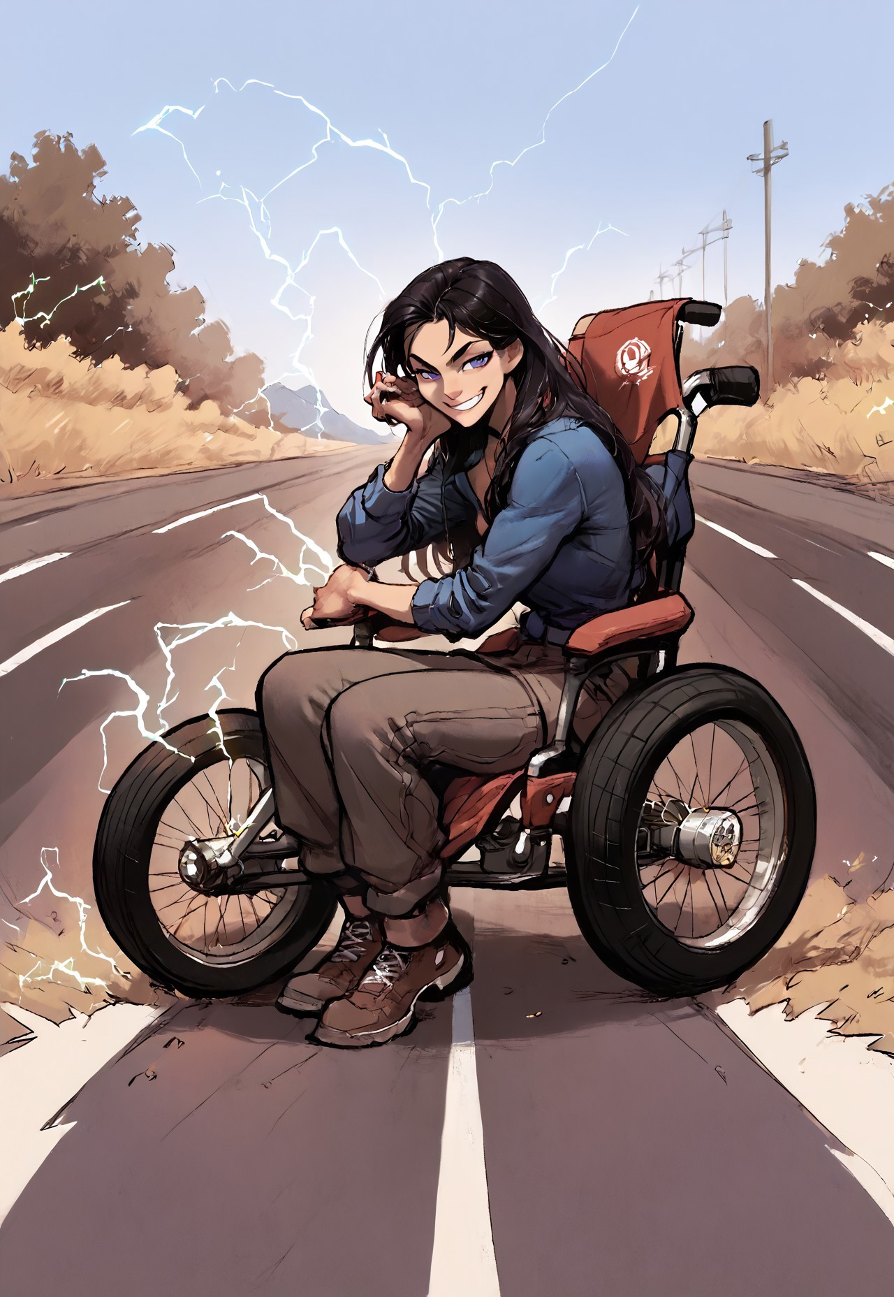 safe_pos, zPDXL3 , score_9 , score_8 , score_7 , score_6_up , highly detailed , high quality , high res , skindentation , 

female , cute , attractive , petite , ((akira slide)) ,wheelchair , sitting , smirk , electricity ,

(highway road , background) ,