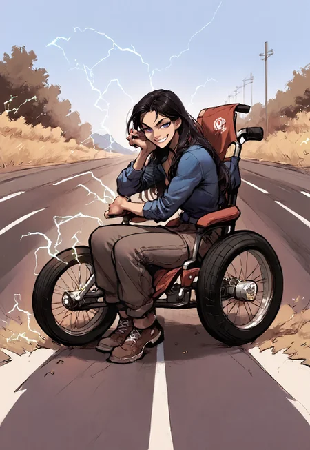safe_pos, zPDXL3 , score_9 , score_8 , score_7 , score_6_up , highly detailed , high quality , high res , skindentation ,
female , cute , attractive , petite , ((akira slide)) ,wheelchair , sitting , smirk , electricity ,
(highway road , background) ,
