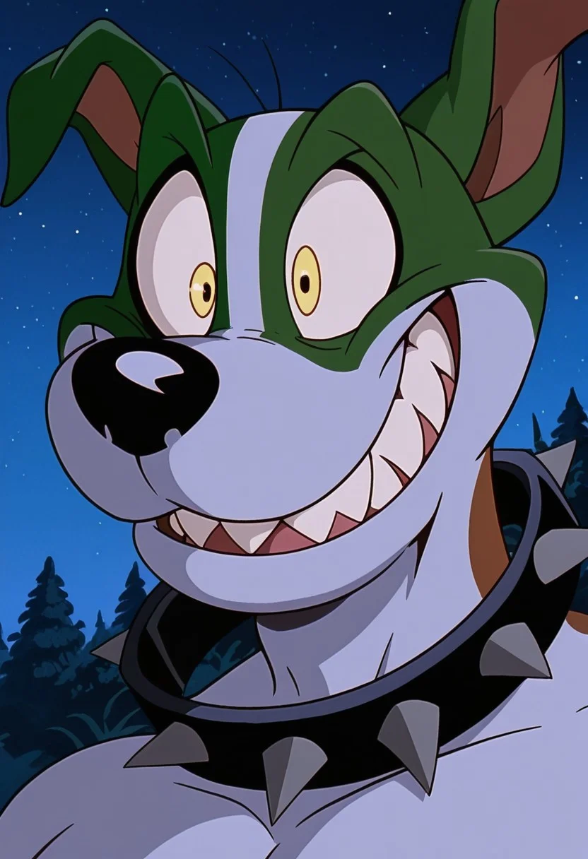 masterpiece, best quality, amazing quality, The Mask dog, Otis, 1boy, dog, jack russel terrier, anthropomorphic, green with white face, crazy eyes, black nose, sharp teeth, white and brown fur, black spiked collar, bara, close-up, smile