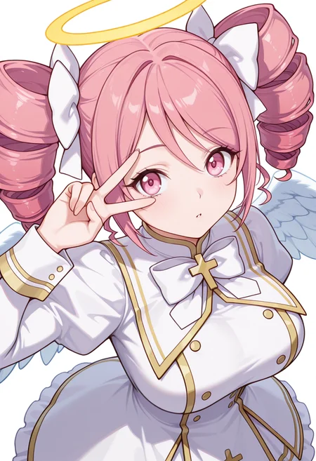 Smooth Quality,masterpiece,very intricate, high quality details, ultra realistic, high detailed skin,detailed enviorement,absurdres,
v over eye,
 <lora:Pino_CNR:0.8> pino_cnr, 1girl, pink hair, short hair, twintails, drill hair, pink eyes, large breasts,pino_cnr_def, white dress,white bow, hair bow, hair ribbon, cross,long sleeves, juliet sleeves, halo, angel wings,, despair,, simple background, white background, from above,solo,
