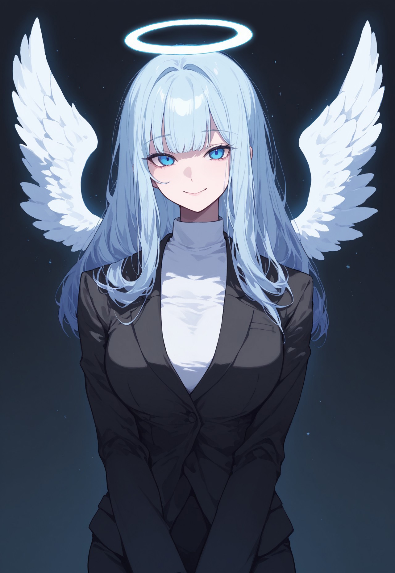 absurdres, newest, (Perfect details),(****), medium shot,  cute, gradient colors, dark background, flat colors, 1girl mature woman, angel, big angel wings, bangs, blue eyes, detached wings, fairy wings, feathered wings, neon halo,  long hair, looking at viewer, mini wings, smile, solo, white neon big wings, wings ,solo, uper body, looking at the viewer, dark background, black men's suit,, BREAK, darkened background, darkened surroundings, comiks, fgg, 