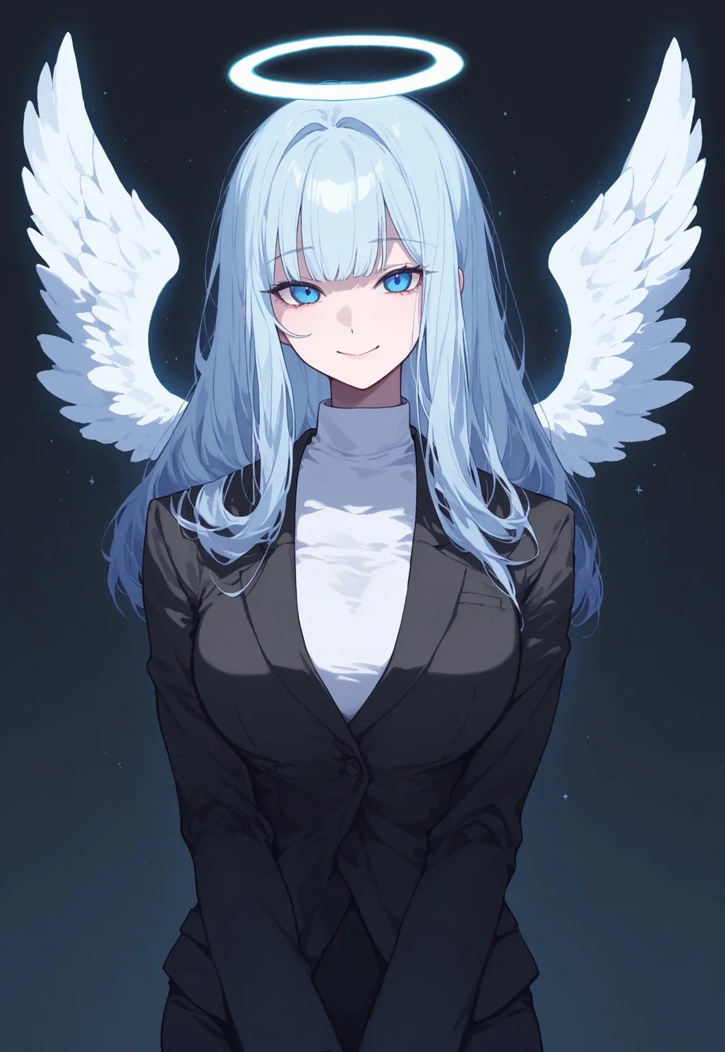 absurdres, newest, (Perfect details),(****), medium shot, cute, gradient colors, dark background, flat colors, 1girl mature woman, angel, big angel wings, bangs, blue eyes, detached wings, fairy wings, feathered wings, neon halo, long hair, looking at viewer, mini wings, smile, solo, white neon big wings, wings ,solo, uper body, looking at the viewer, dark background, black men's suit,, BREAK, darkened background, darkened surroundings, comiks, fgg,
