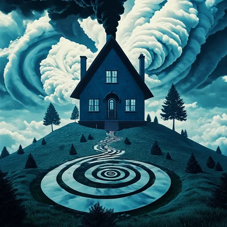 <lora:Geometric_Dreamlike_Movie_r1:1> no humans, cloud, sky, scenery, outdoors, cloudy sky, tree, blue theme, nature, forest, ArsMovieStill, A dreamlike movie still, The image is a digital illustration of a single-story house on a hill with a spiral staircase leading up to the entrance. The house is black and has a triangular roof with a chimney and large windows on the front. The sky is filled with dark stormy clouds that are covering the entire sky. The ground is covered in grass and there are trees in the background. The overall mood of the image is ominous and foreboding.