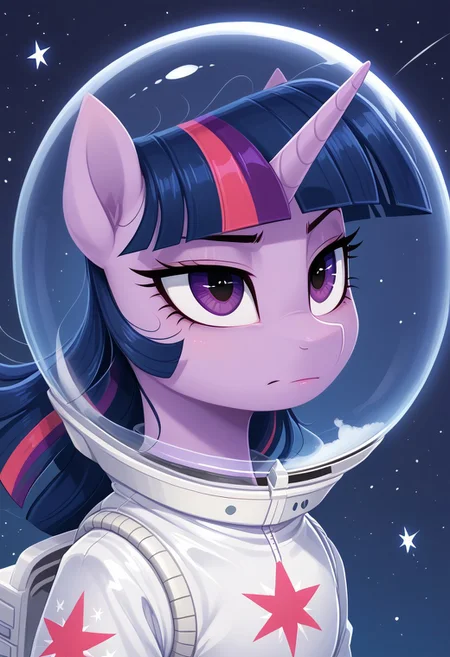 score_9, score_8_up, score_7_up, solo. pony, mare, imp4ct_style, Purple Skin, Purple Eyes, Twilight Sparkle_(mlp), in_space, hovering_mid_air, stars, wearing_spacesuit, all_body_focus, fullsuit, earth_on_background, close_up, detailed, halfbody_focus, portrait