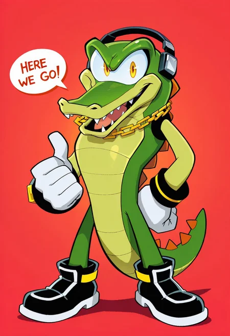 1boy, solo, VectorTheCrocodile, 1boy, green scaly body, yellow eyes, sharp teeth, black headset, gold chain around neck, black wrist cuffs, sleek black shoes, red triangular spikes along body and tail, white gloves, big eyes, expressive eyes, toony eyes, smile, open mouth, solo, full body, standing, speech bubble with text "Here we go!", high quality, detailed, digital art, simple background, masterpiece, silly, wacky, ((amazing shading)), western animation style