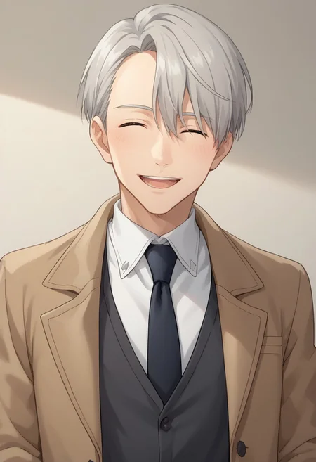 score_8_up, score_7_up, source_anime, highly detailed, 
viktornikiforov, 1boy, male focus, closed eyes, necktie, open mouth, smile, grey hair, ^ ^, solo,
coat, vest, shirt, white shirt,
