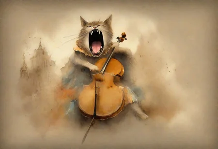 A cat in a brocade dress playing the cello, (screaming expression:1.3), whimsical meets mixed media collage, on a complex sketch sheet, against a grunge ash gray and jasper background, watercolor wash,  complex pose, bold high quality, expressive, watercolour,primary but complimentary  colours ,Outcast ,, 8k , tilt shift, surreal lowbrow art style,