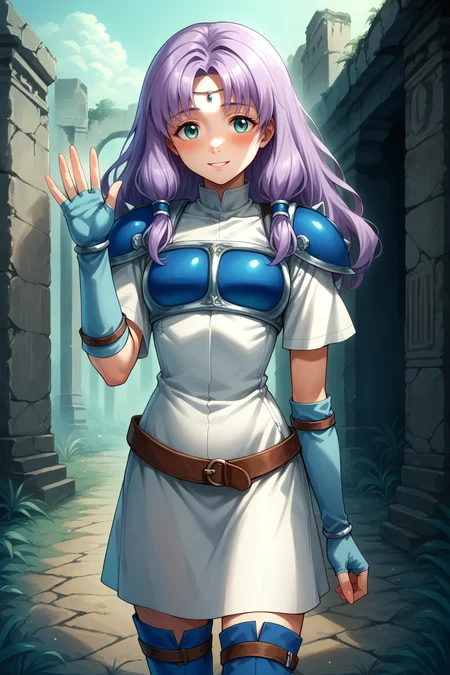 score_9, score_8_up, 1girl, solo <lora:NSFlorinaFE7:1> NSFlorinaMain, blue thigh boots, belt, white dress, blue breastplate, blue pauldrons, short sleeves, teal fingerless elbow gloves, circlet, parted bangs, high collar, light purple hair, long hair, low-tied sidelocks, outdoors, ancient ruins, slight smile, shy, blush, waving