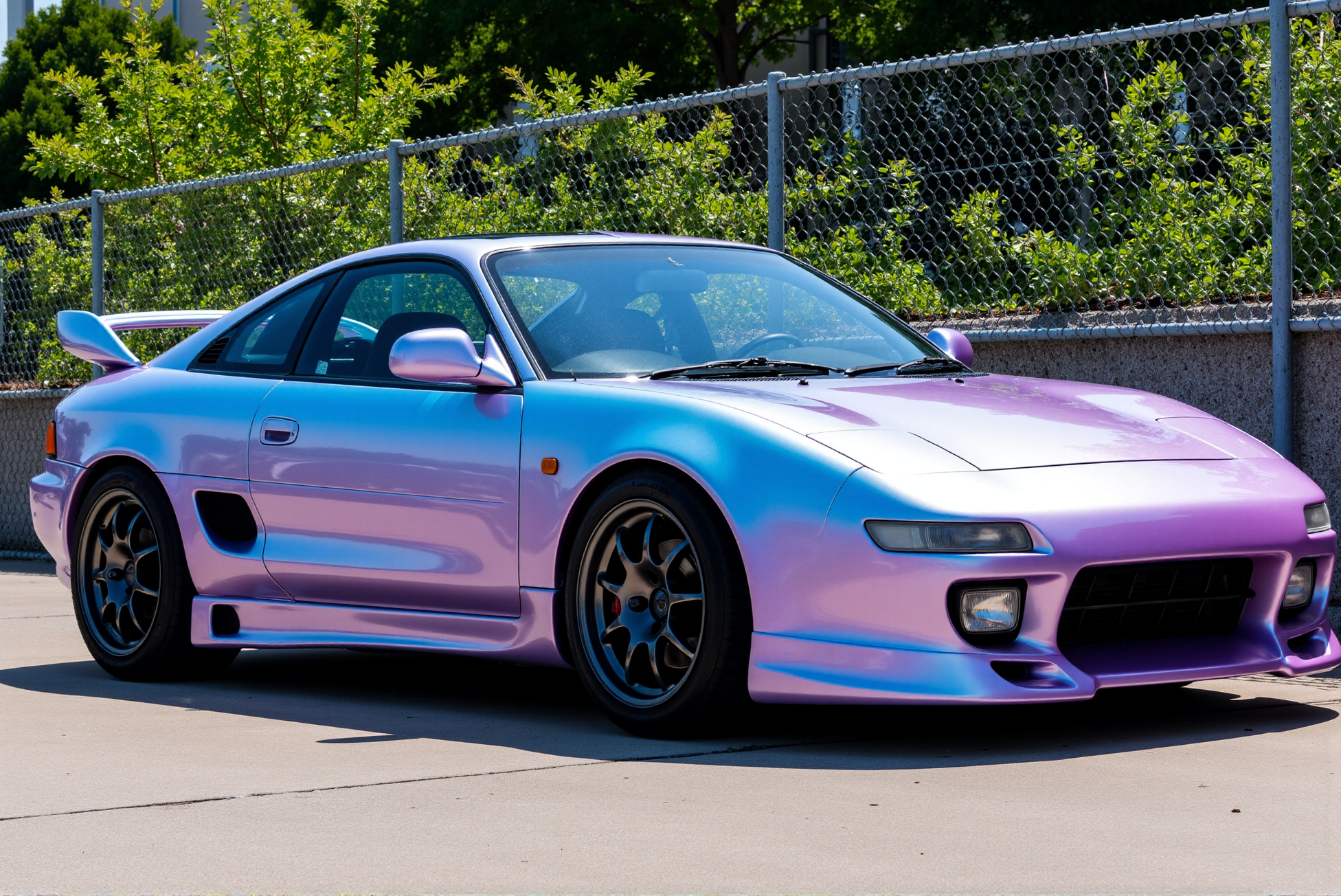 <lora:Toyota_MR2_SW20:0.8> 
A Toyota MR2 (SW20) coupe transformed with a stunning satin iridescent wrap that shifts between soft lavender, sky blue, and cotton candy pink, giving the car a surreal, dreamlike presence under natural light. The matte pearl finish diffuses reflections while enhancing the carâs fluid body lines and aggressive stance. Sitting low on black multi-spoke wheels with a slight concave design and low-profile tires, the vehicle features dark-tinted windows, subtle black trim, and a carbon fiber rear wing for a performance-focused silhouette. Parked against a chain-link fence with greenery in the background, the car exudes a perfect balance of tuner culture minimalism and futuristic aesthetic experimentation. DoubleStream Style Layer: satin iridescent wrap with pastel color shift, palette of lavender, cyan, and pink over matte black accents, minimalist JDM performance aesthetic captured in flat daylight with soft diffused shadows, low-side profile emphasizing curvature and stance, urban-industrial backdrop adding grounded contrast to ethereal surface finish, high-resolution automotive styling with soft luster and chromatic depth.