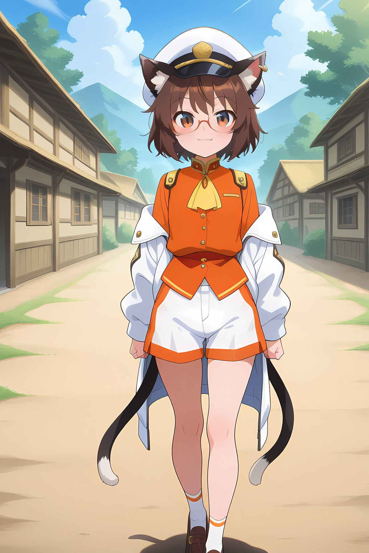 absurdres, highres, masterpiece, best quality, amazing quality, official anime artwork, screencap, anime screencap, village, outdoors, light smile, 
<lora:Chen_Illustrious:1> chen, 1girl, solo, brown hair, short hair, brown eyes, cat tail, two tails, cat ears, fang,, 
chen \(calm and composed secretary\), alternate costume, ascot, bespectacled, brown footwear, glasses, hat, jacket, long sleeves, shirt, peaked cap, shorts, socks, white headwear, white jacket, two-tone shorts, white shorts, orange tone, white socks, yellow ascot, orange shirt, single earring, off shoulder jacket,