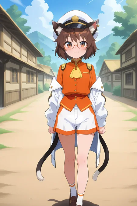absurdres, highres, masterpiece, best quality, amazing quality, official anime artwork, screencap, anime screencap, village, outdoors, light smile,
<lora:Chen_Illustrious:1> chen, 1girl, solo, brown hair, short hair, brown eyes, cat tail, two tails, cat ears, fang,,
chen \(calm and composed secretary\), alternate costume, ascot, bespectacled, brown footwear, glasses, hat, jacket, long sleeves, shirt, peaked cap, shorts, socks, white headwear, white jacket, two-tone shorts, white shorts, orange tone, white socks, yellow ascot, orange shirt, single earring, off shoulder jacket,