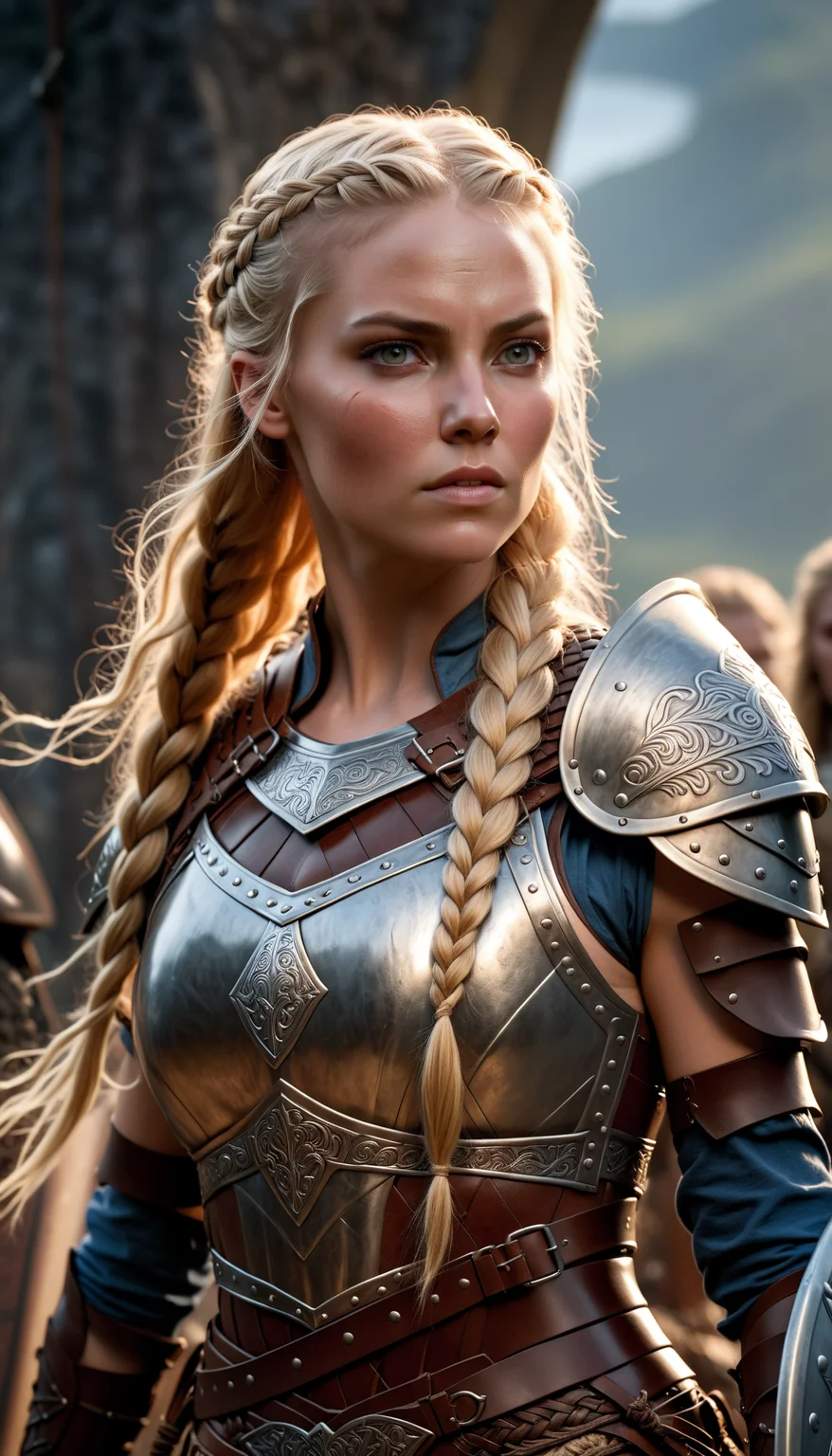 hyperrealistic photo of a female shield maiden, long blonde braided hair, intricate leather armor, detailed skin texture, cinematic lighting, sharp focus, ultra-realistic, 8k, very detailed, high quality