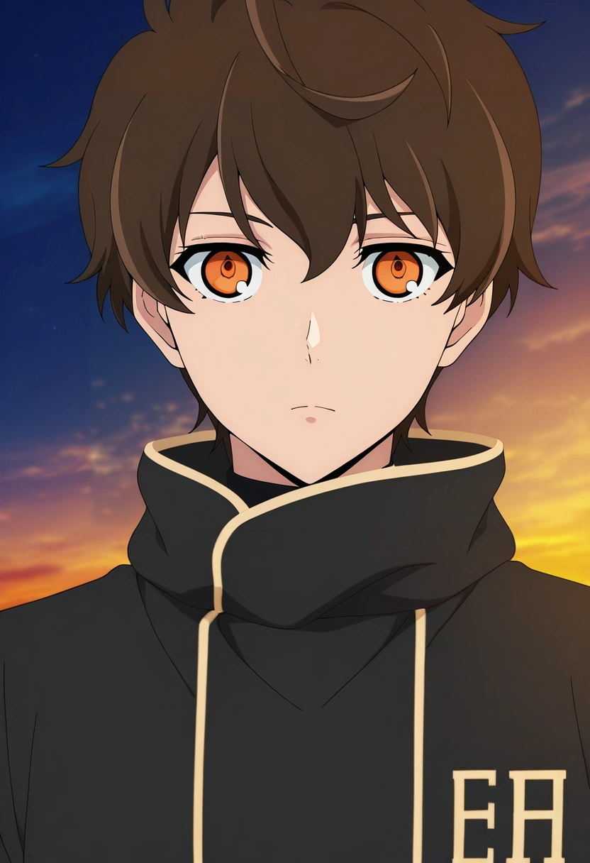 masterpiece, best quality, intricate details, anime screencap, anime coloring, , looking at viewer, 1boy, solo, male focus, <lora:twenty-fifth_bam_ilxl:0.92>, twenty-fifth_bam, brown hair, orange eyes, short hair, ,