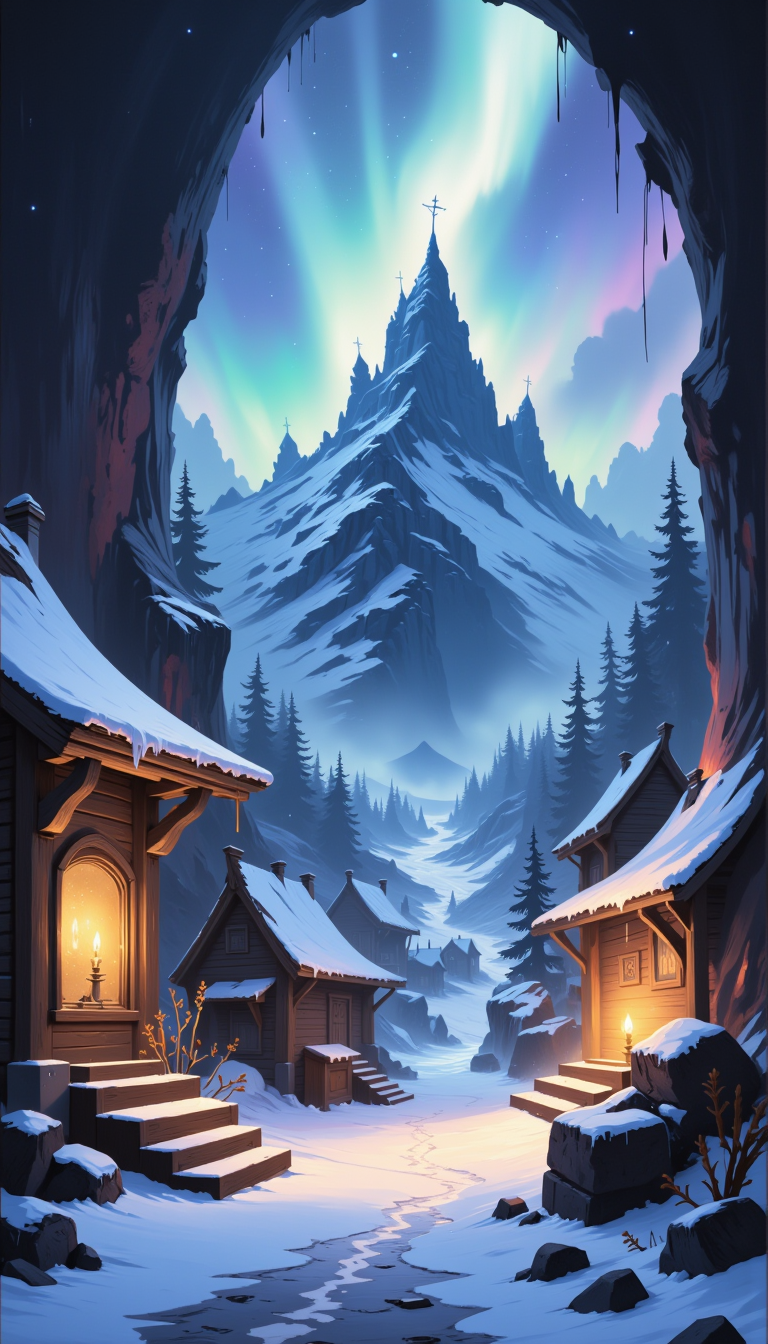 Realistic oil painting, Winter, Snowy mountain village, Torchlight, Ancient artifact, Glowing runes, Blue, Purple, Green, Yellow, Red, Otherworldly music, Mysterious atmosphere, Stone houses, Wooden fences, Steamy breath, Frozen lake, Pine trees, Northern lights, Starry night, Cold, Crisp, Moonlight, Shadows, Chilly, Icy, Mountain peaks, Snowdrifts, Snowy roofs, Icicles, Lanterns, Bonfire, Smoke, Peaceful, Secluded, Isolated, Tranquil, Calm, Quiet, Still, Majestic, Awe-inspiring, Breathtaking, Grand, Panoramic, Majestic, Epic, Bold, Powerful, Dramatic, Sublime, Inspiring, Evocative, Captivating, Enthralling, Mesmerizing, Alluring, Enchanting, Magical, Wondrous, Mesmerizing, Fascinating, Thought-provoking, Stirring