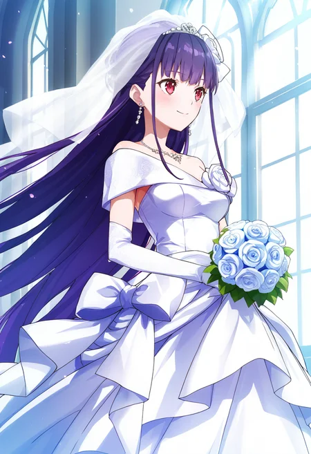 masterpiece, best quality,anime coloring,
1girl, <lora:satsukimari_IL_XL_V1:.8>stkmr, super long hair, wedding dress, purple hair, red eyes