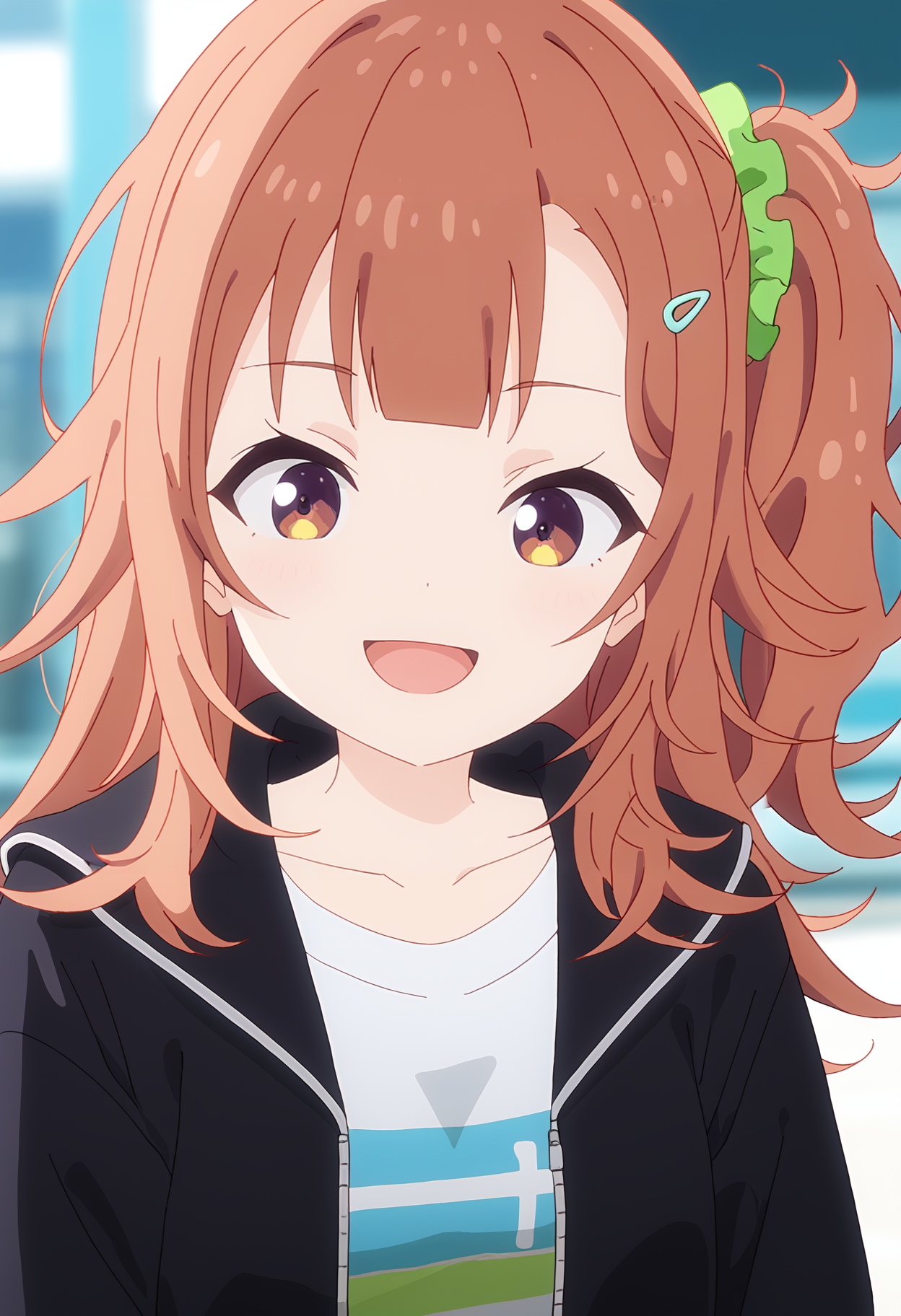 <lora:Shinon Ogawa-000038:1>,
Shinon Ogawa, 1girl, hair ornament, solo, jacket, looking at viewer, shirt, open mouth, black jacket, one side up, smile, collarbone, scrunchie, upper body, green scrunchie, blurry background, smug, white shirt, blurry, open jacket
