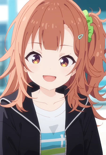 <lora:Shinon Ogawa-000038:1>,
Shinon Ogawa, 1girl, hair ornament, solo, jacket, looking at viewer, shirt, open mouth, black jacket, one side up, smile, collarbone, scrunchie, upper body, green scrunchie, blurry background, smug, white shirt, blurry, open jacket