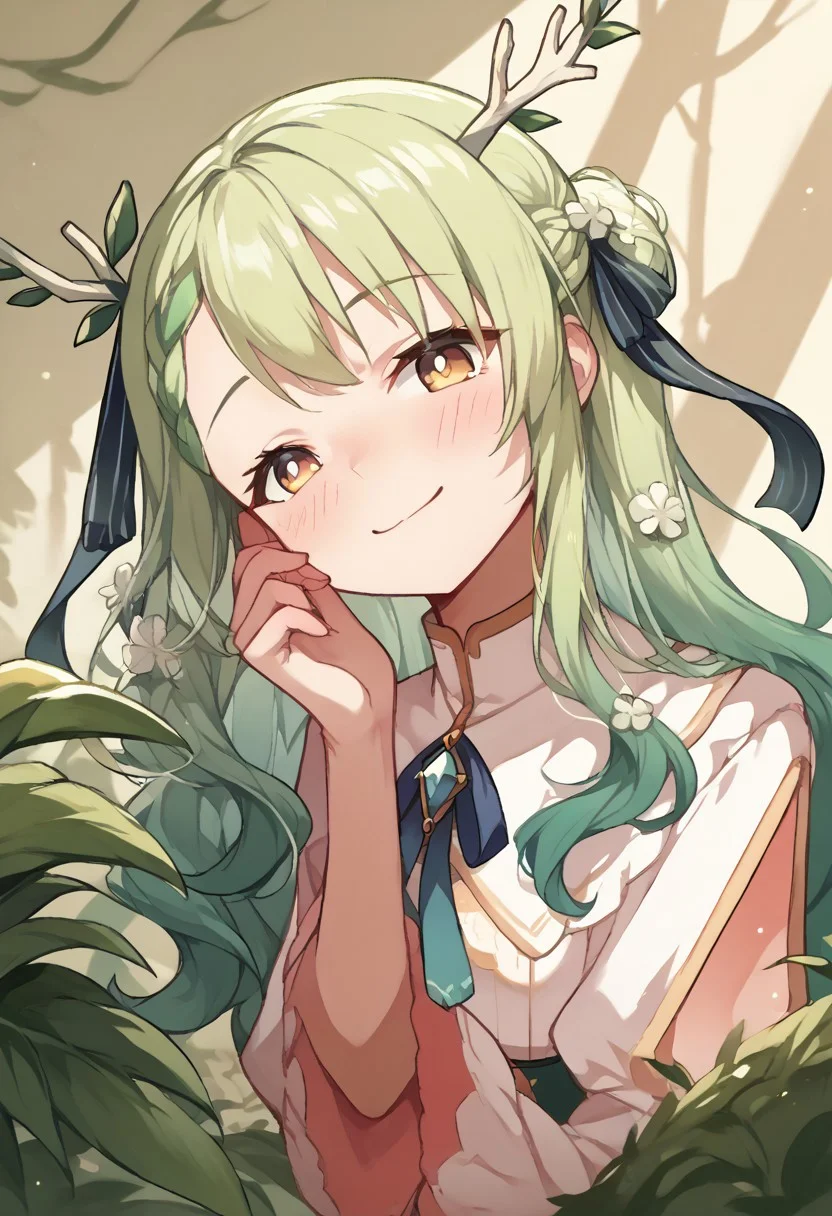 score_9, score_8_up, score_7_up, score_6_up, score_5_up, score_4_up, source_anime, sadistic smile, blvefo, fauna, antlers, head tilt, blush, french braid, half updo, Hair ribbon,