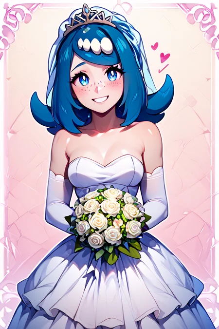 score_9, score_8_up, score_8, medium breasts, (curvy), cute, eyelashes, BREAK, , zzLanasMother, blue hair, blue eyes, long hair, freckles, large breasts, hair ornament, <lora:LanasMother_Pokemon_PDXL_Citron:0.8>, , BREAK, smile, looking at viewer, bride, wedding dress, bridal veil, strapless dress, elbow gloves, holding bouquet, hearts, white outline, cowboy shot, embedding:zPDXL, Expressiveh, <lora:Vivid:0.7>, <lora:LFashionPDXL:1>, <lora:Uncensored_PonyXL_cpt_v02.09:0.4>, <lora:Expressive_H-000001:0.4>,