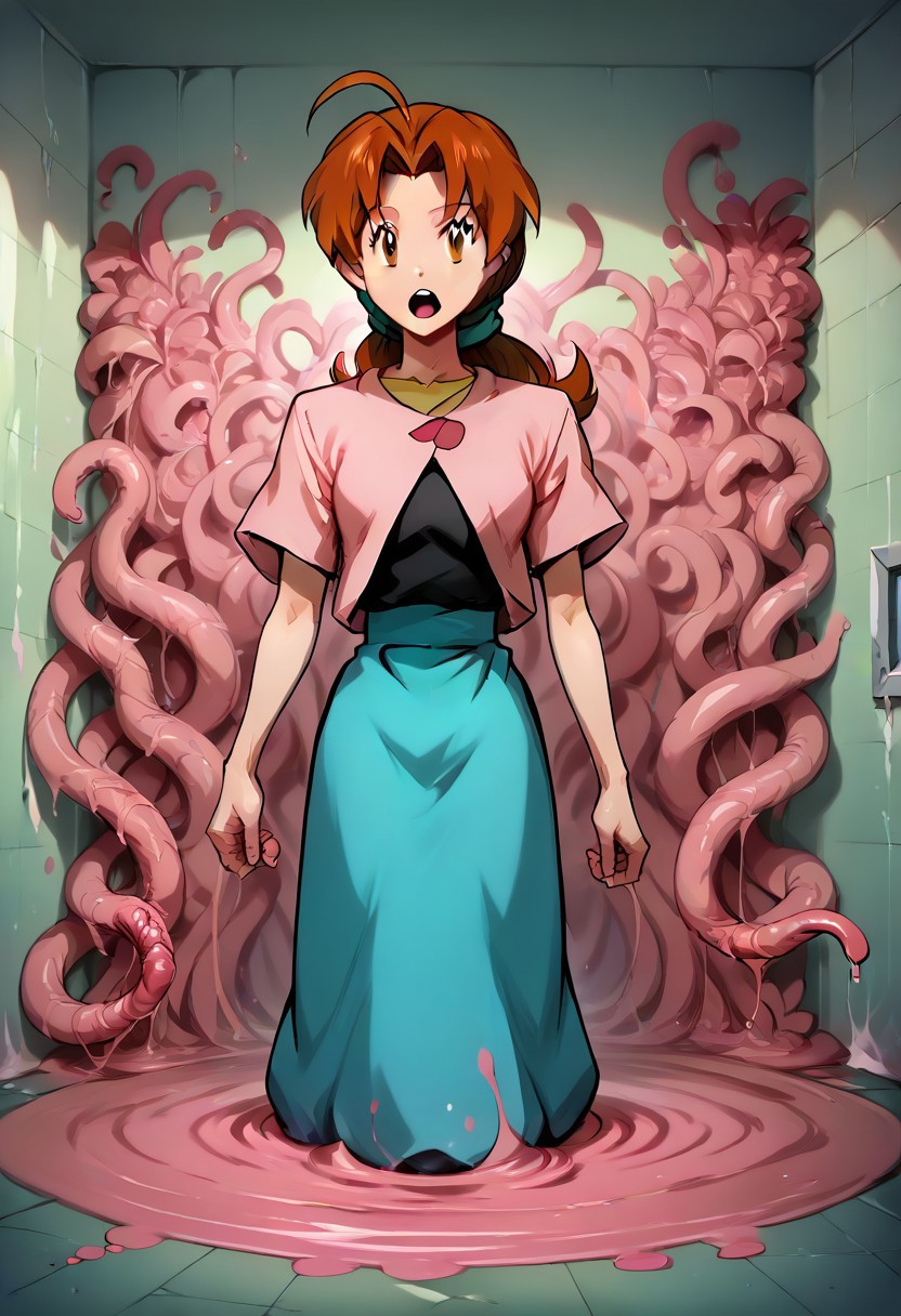 score_9, score_8_up, score_7_up, score_6_up, raw, realisitc, photo, perfect eyes, cartoon, pink tentacles, 1girl, 1girl, Delia ketchum \(Pokemon\),(ultra HD quality details), brown hair, brown eyes, parted bangs, ahoge, ponytail, low ponytail, <lora:DGVirus:0.7>, ((deep pink cable)), slime, pink slime,
shiny skin, pink sclera, open mouth,
BREAK tentacle wall background,