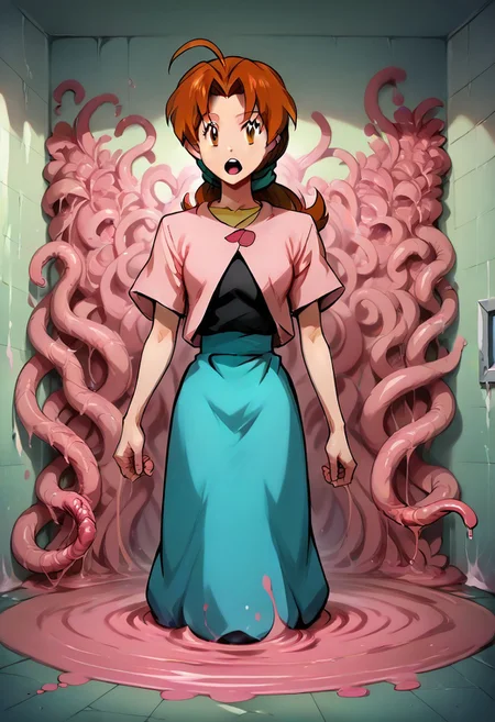 score_9, score_8_up, score_7_up, score_6_up, raw, realisitc, photo, perfect eyes, cartoon, pink tentacles, 1girl, 1girl, Delia ketchum \(Pokemon\),(ultra HD quality details), brown hair, brown eyes, parted bangs, ahoge, ponytail, low ponytail, <lora:DGVirus:0.7>, ((deep pink cable)), slime, pink slime,
shiny skin, pink sclera, open mouth,
BREAK tentacle wall background,