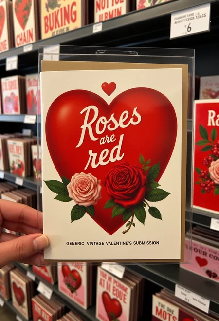 <lora:Greeting_Card_Designer_FLUX:0.7>
The image is a photograph of a Valentine's Day card displayed on a shelf in a store. The card features a heart with the text "Roses are red, generic Vintage Valentine's submission".