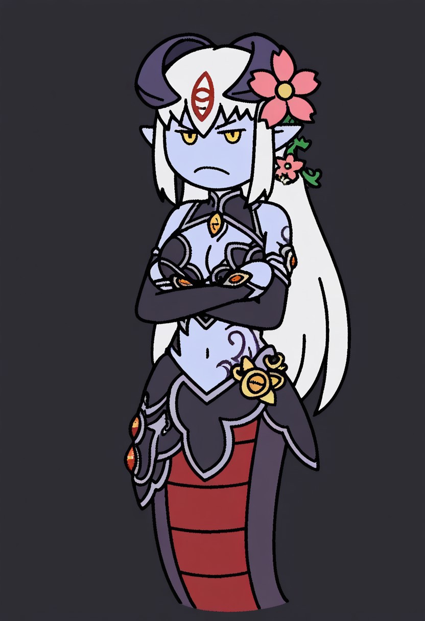 1girl, solo, ms paint style, vector illustration, clean lineart, bold outlines, limited palette, flat color, cel shading, no gradients, minimalist shading, solid fills, 2D digital art, cartoon style, comic style, alipheese fateburn xvi, lamia, blue skin, crossed arms, annoyed