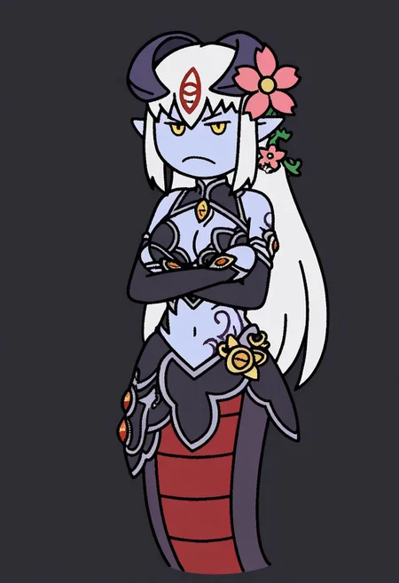 1girl, solo, ms paint style, vector illustration, clean lineart, bold outlines, limited palette, flat color, cel shading, no gradients, minimalist shading, solid fills, 2D digital art, cartoon style, comic style, alipheese fateburn xvi, lamia, blue skin, crossed arms, annoyed
