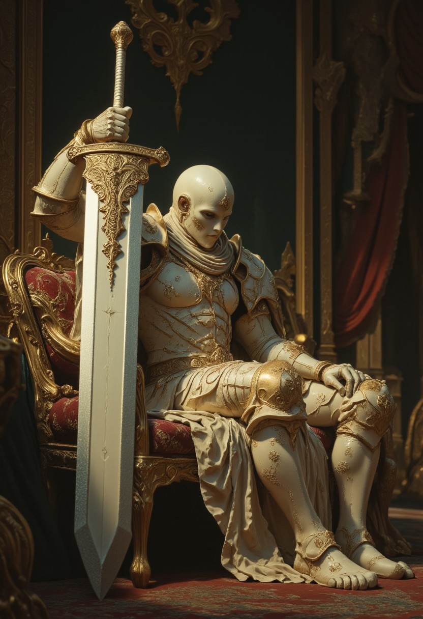 high quality cinematic shot of a busty knight in pristine white armor sitting on a couch, Holding a giant sword, volumetric lighting,