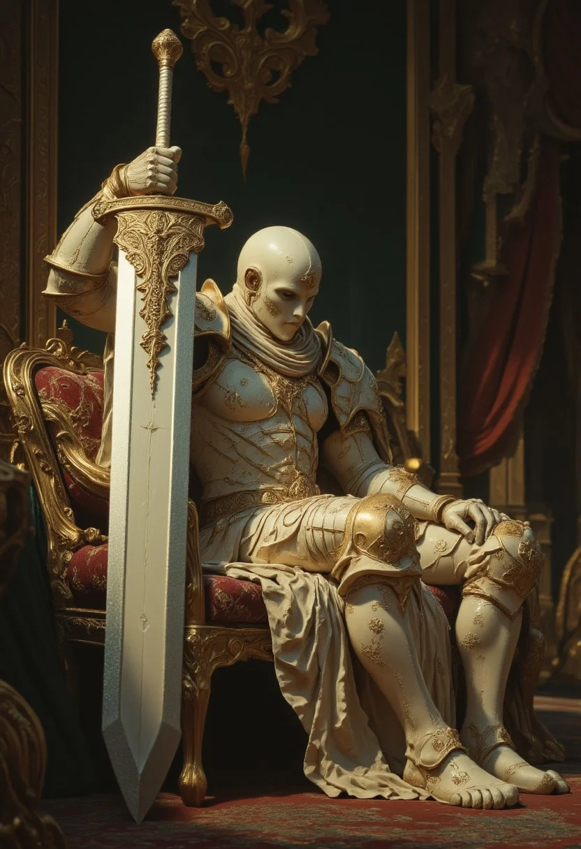 high quality cinematic shot of a busty knight in pristine white armor sitting on a couch, Holding a giant sword, volumetric lighting,