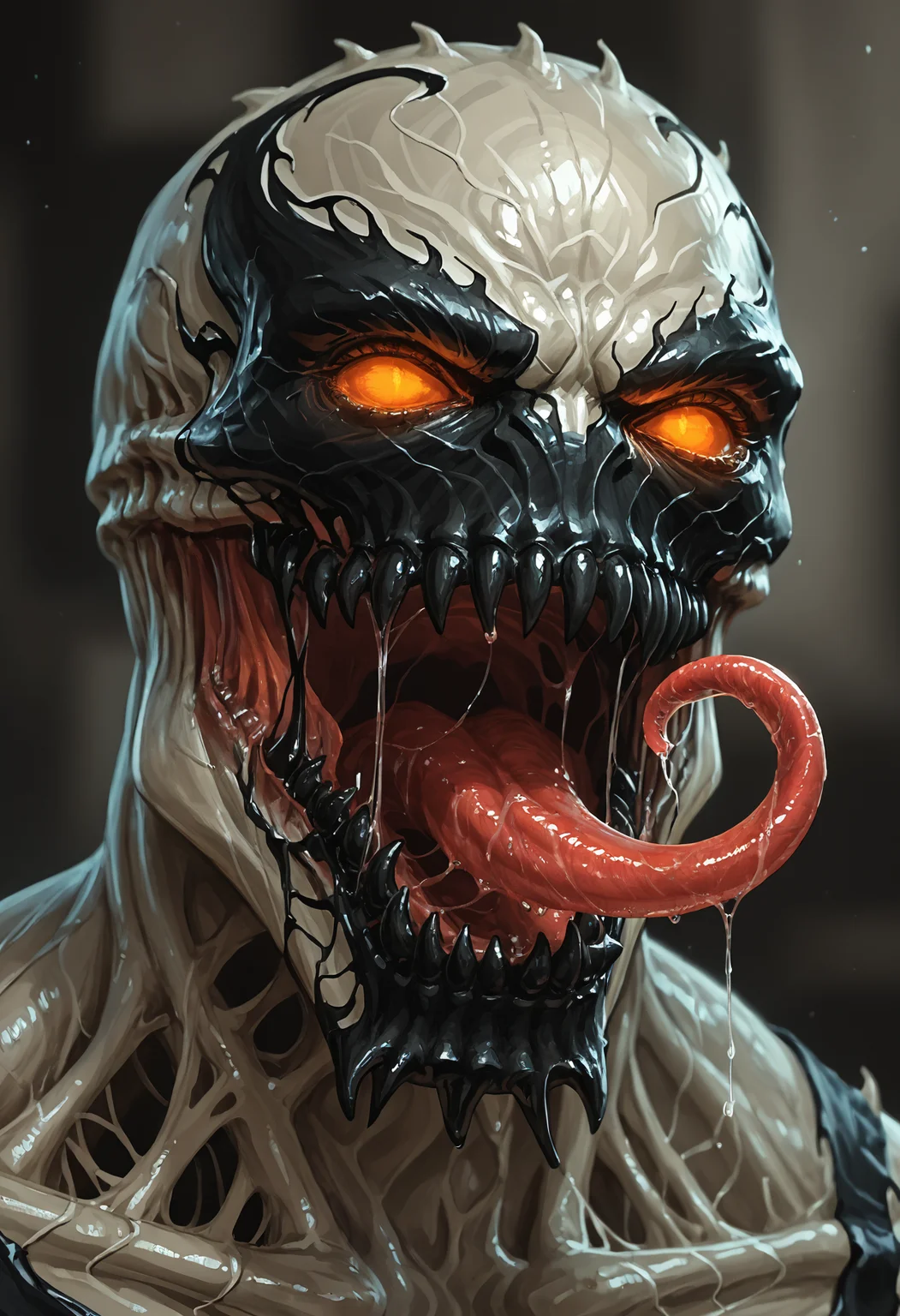 zPDXL3, score_9, score_8_up, score_7_up, (detailed face, detailed body, detailed background, perfect anatomy, masterpiece, high quality, best quality), rating_safe, source_horror, blurry background BREAK portrait, close-up, anti-venom, symbiote, orange eyes, glowing eyes, glowing mouth, sharp teeth, (black teeth), no pupils, monster, monstrous, long tongue, open mouth, scary, saliva string, drooling, drooling tongue <lora:detailed_notrigger:1> <lora:Anti-Venom_Marvel_V1:1> <lora:1dkXLP:0.4>