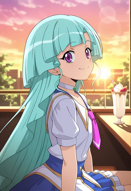 masterpiece,best quality,amazing quality,
solo, face focus,
Saya Yatomi (Cardfight Vanguard), long hair, aqua hair, purple eyes,
choker, jewelry, necktie, short sleeves, idol, idol outfit, skirt,
Looking at viewer, big smile, from side,
cinematic, upper body, milkshake,
Sit, sitting, glass, sci-fi city, cafe, greenery,
afternoon, sunset,
Lens flare, bloom, detailed shadow,
Official style, anime screencap, anime coloring,