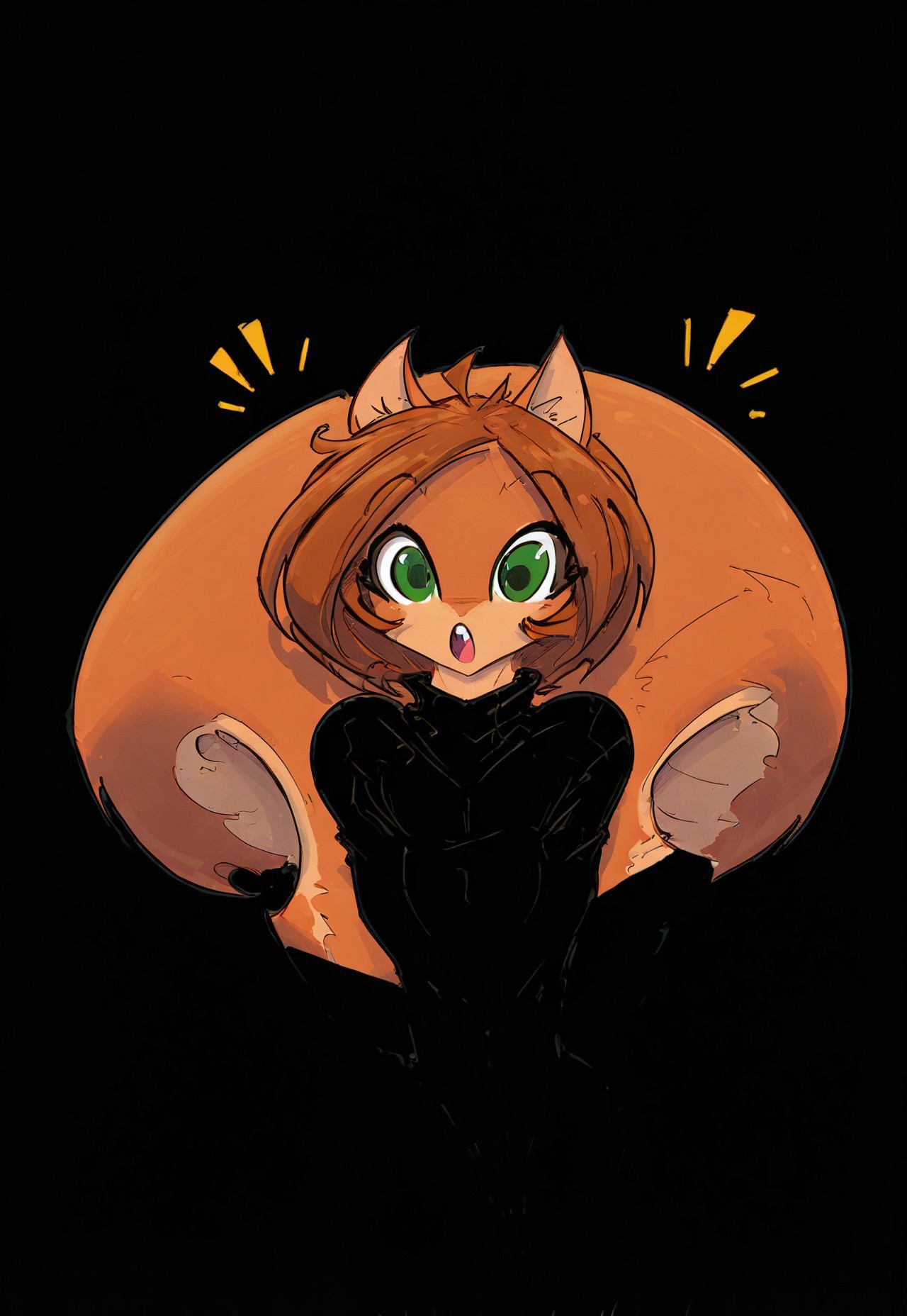 jjco, (blend_in, black background), 1girl, squirrel-girl, Scarlet, brown hair, green eyes, animal ears, furry female, fluffy squirrel tail, black turtleneck sweater, upper teeth, :o, ^^^