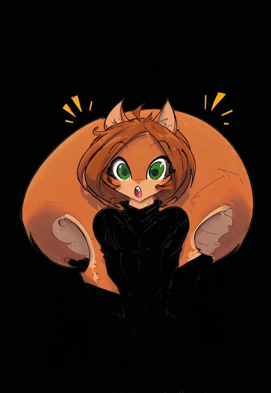 jjco, (blend_in, black background), 1girl, squirrel-girl, Scarlet, brown hair, green eyes, animal ears, furry female, fluffy squirrel tail, black turtleneck sweater, upper teeth, :o, ^^^