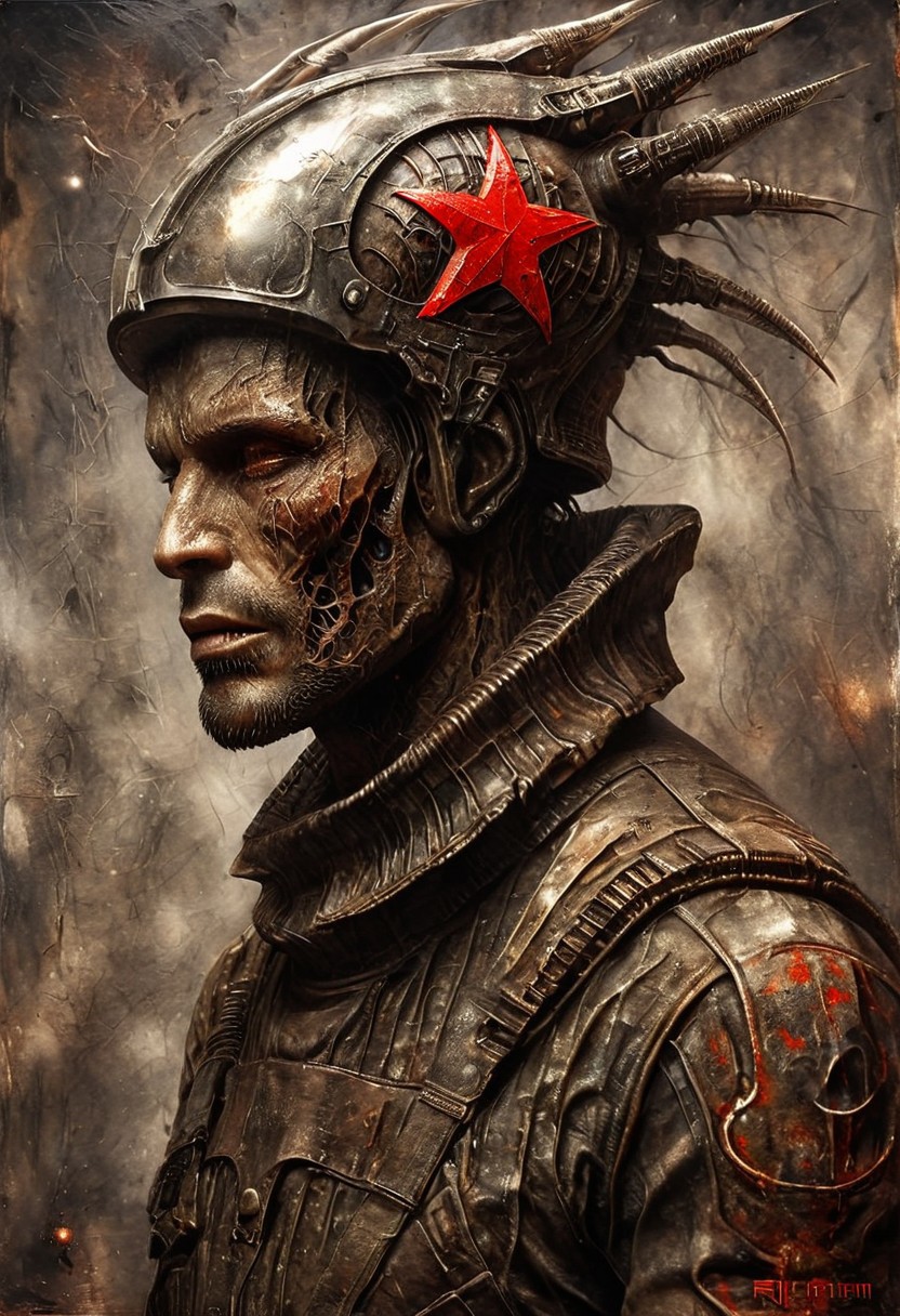 Space warrior portrait oil stains mixed with (((doom sleer))) caste. wearing a Soviet space suit with a red star on the helmet,USSR, H. R. Giger style but depicted as an oil painting, solo portrait, oil painting, masterpiece,best quality,style of H. R. Giger.