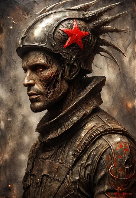 Space warrior portrait oil stains mixed with (((doom sleer))) caste. wearing a Soviet space suit with a red star on the helmet,USSR, H. R. Giger style but depicted as an oil painting, solo portrait, oil painting, masterpiece,best quality,style of H. R. Giger.